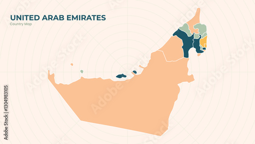 Map of United Arab Emirates isolated modern colorful State. Use for Website Layouts, Background, Education, Customizable, Travel Worldwide, Silhouette Backdrop, Earth Geography, Political.