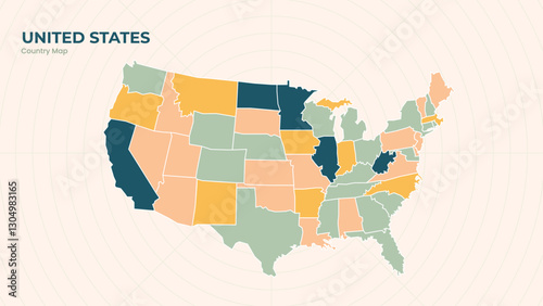 Map of United States isolated modern colorful State. Use for Website Layouts, Background, Education, Customizable, Travel Worldwide, Silhouette Backdrop, Earth Geography, Political.