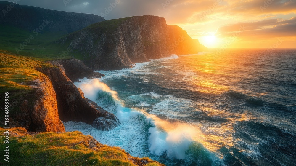 Fototapeta premium Stunning sunset illuminating rugged cliffs and crashing waves along a picturesque coastline overlooking the ocean