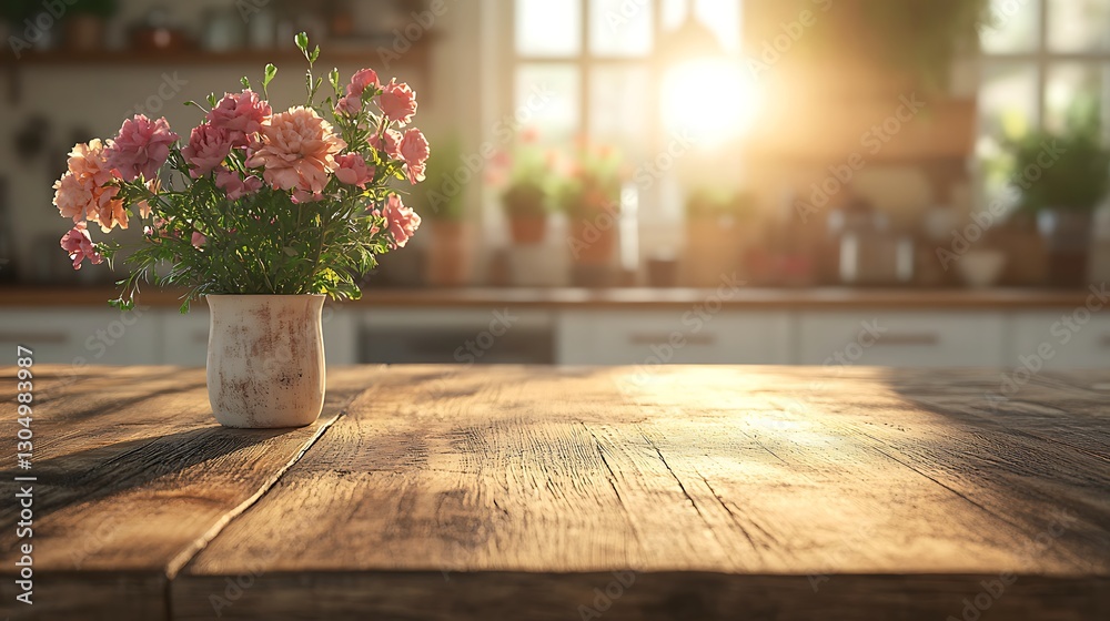 Fototapeta premium A weathered oak table illuminated by the first rays of sunlight, softly blurred background kitchen with warm neutral tones, fresh flowers in a ceramic vase, and soft morning shadows,