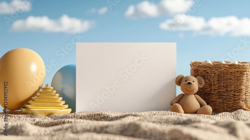 Soft sandy setting with decorative elements and a blank canvas for creative expression, ideal for personal or artistic projects