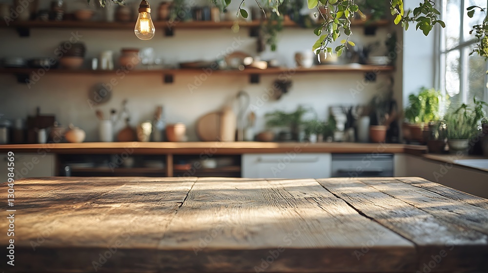 A beautifully aged wooden table with subtle imperfections, blurred background kitchen with open shelves displaying handmade pottery, greenery cascading down, A beautifully aged wooden table with subtle imperfections, blurred background kitchen with open shelves displaying handmade pottery, greenery cascading down,