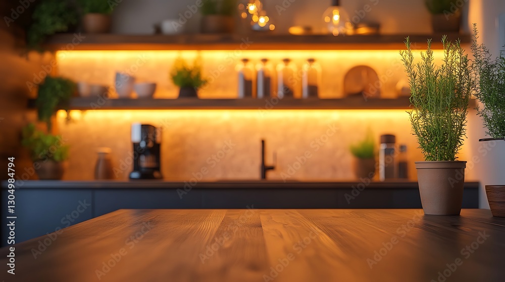 A contemporary dark wood table in a softly lit, blurred modern kitchen featuring open shelving, a quartz backsplash, and soft recessed lighting, a stylish and inviting setting. --ar 16:9 A contemporary dark wood table in a softly lit, blurred modern kitchen featuring open shelving, a quartz backsplash, and soft recessed lighting, a stylish and inviting setting. --ar 16:9
