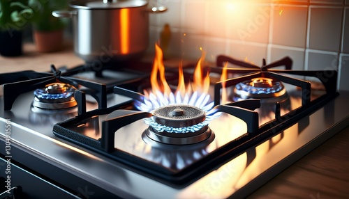 kitchen gas cooker with burning fire propane gas