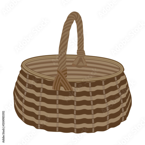 Handwoven wicker basket with handle, traditional rustic storage container illustration