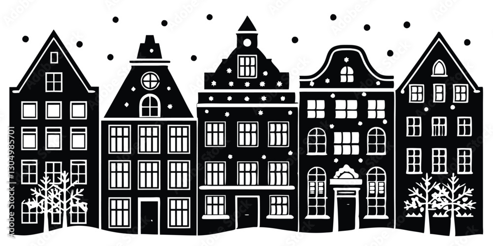 Fototapeta premium Houses facades in a row Amsterdam hand drawn illustration