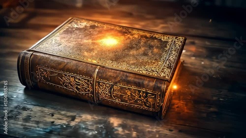 An ancient magical book with light glows from within its pages, Bewitched book with magic glows In the darkness	