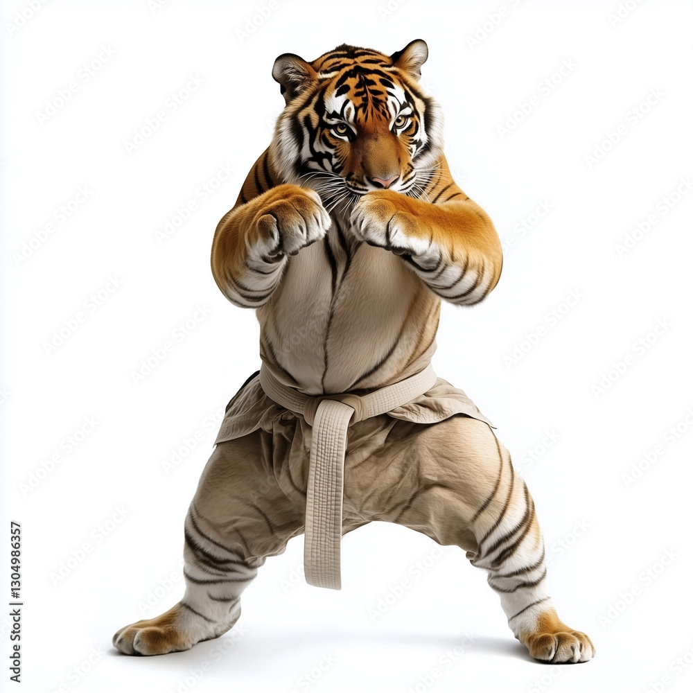 Fototapeta premium Tiger plays karate isolated on white background Generative ai