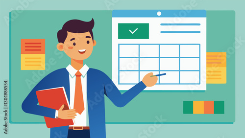 The teacher proudly displaying a classroom rule chart and a subject schedule on the walls for students to refer to.. Vector illustration