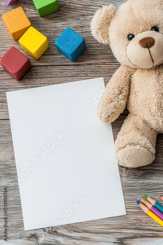 Blank daycare flyer on a wooden table surrounded by colorful toys and a teddy bear, perfect for child-friendly promotions