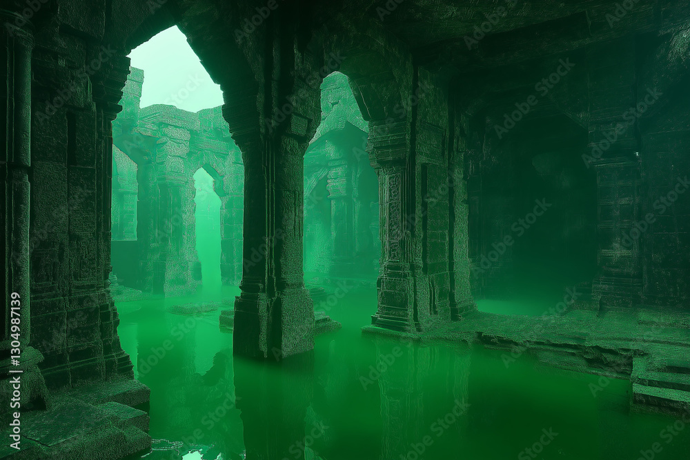 Ancient Emerald City in Misty Waters – Crumbling Ruins, Glowing Vines, and Ethereal Spirits Whispering Forgotten Secrets
