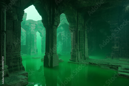 Obraz na płótnie Ancient Emerald City in Misty Waters – Crumbling Ruins, Glowing Vines, and Ethereal Spirits Whispering Forgotten Secrets w salonie