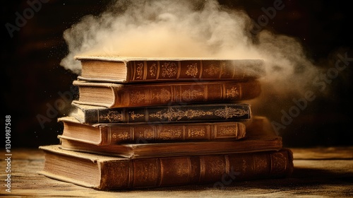 A nostalgic stack of antique books releasing dust in a warm, vintage setting evokes a sense of timeless knowledge and untouched stories.