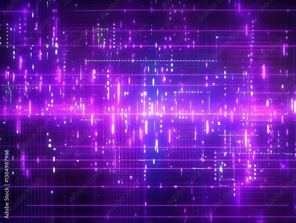 Quantum computing visualization with floating binary codes in neon purple, cyberpunk-style grid matrix background Quantum computing visualization with floating binary codes in neon purple, cyberpunk-style grid matrix background