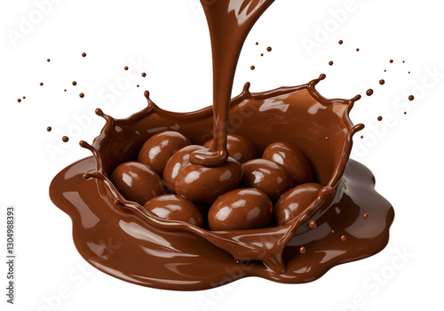 Rich and Creamy Chocolate Pouring Over Delicious Chocolate Confectionery in an Elegant Splash on a Dark Background