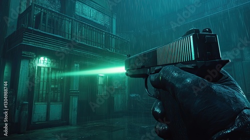 A dimly lit urban alleyway scene featuring a gunman aiming a pistol with a bright green laser sight during heavy rain