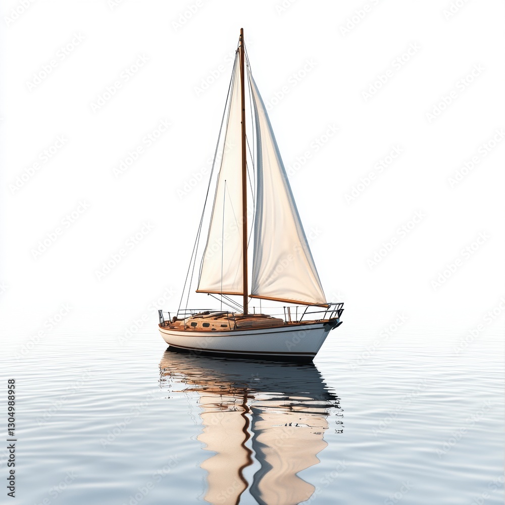 Fototapeta premium White Sailboat on Calm Blue Water with Reflection