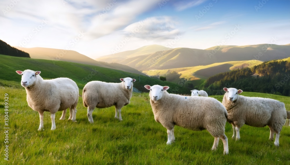 Wooly sheep grazing peacefully on verdant alpine meadow with mountain peaks rising behind Wooly sheep grazing peacefully on verdant alpine meadow with mountain peaks rising behind