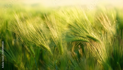 Close up of barley ears growing in a field, illuminated by golden sunlight, creating a peaceful agricultural landscape