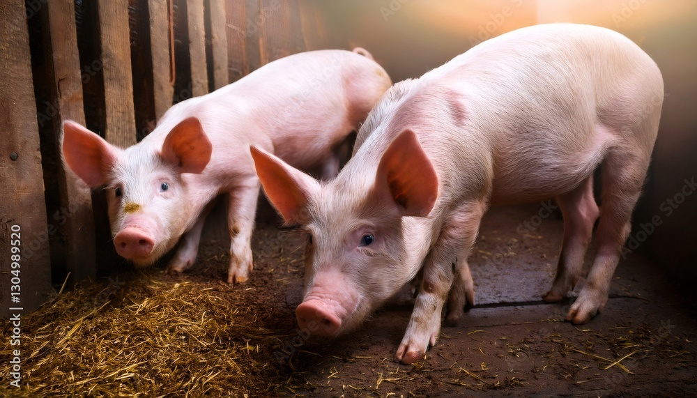 Two piglets eating hay in a pigsty at sunset Two piglets eating hay in a pigsty at sunset