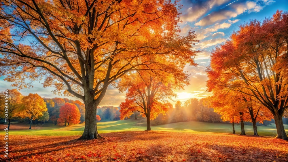 Golden Autumn Sunlight Illuminates a Serene Landscape of Vibrant Fall Foliage and Rolling Green Hills Golden Autumn Sunlight Illuminates a Serene Landscape of Vibrant Fall Foliage and Rolling Green Hills