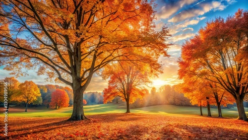 Golden Autumn Sunlight Illuminates a Serene Landscape of Vibrant Fall Foliage and Rolling Green Hills
