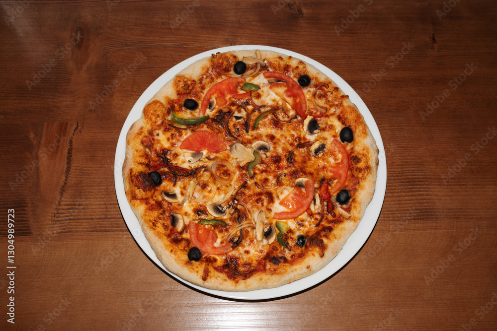 Tomato mushroom pizza retro flash food photography Tomato mushroom pizza retro flash food photography