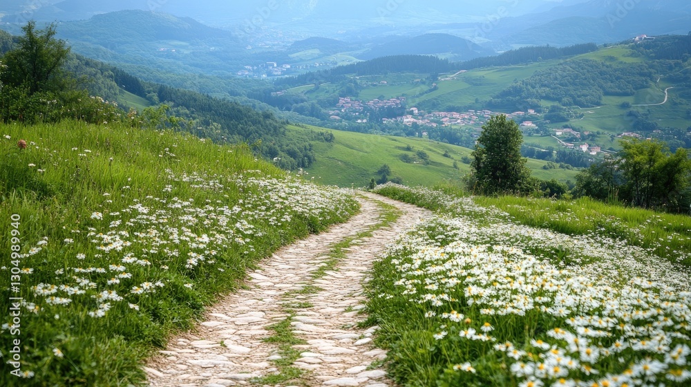 Serene landscape with a winding stone path through blooming flowers in lush green hills under a soft blue sky Serene landscape with a winding stone path through blooming flowers in lush green hills under a soft blue sky