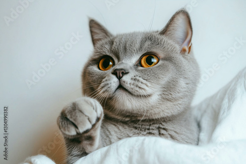 British cat is raising his paw up. Adorable grey cat with raised paw on white background with copy space
