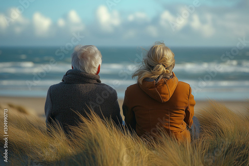 Elderly couple sitting together on the beach. Senior man and woman enjoy day near the sea, mature family relax on nature. Old persons outdoors back view