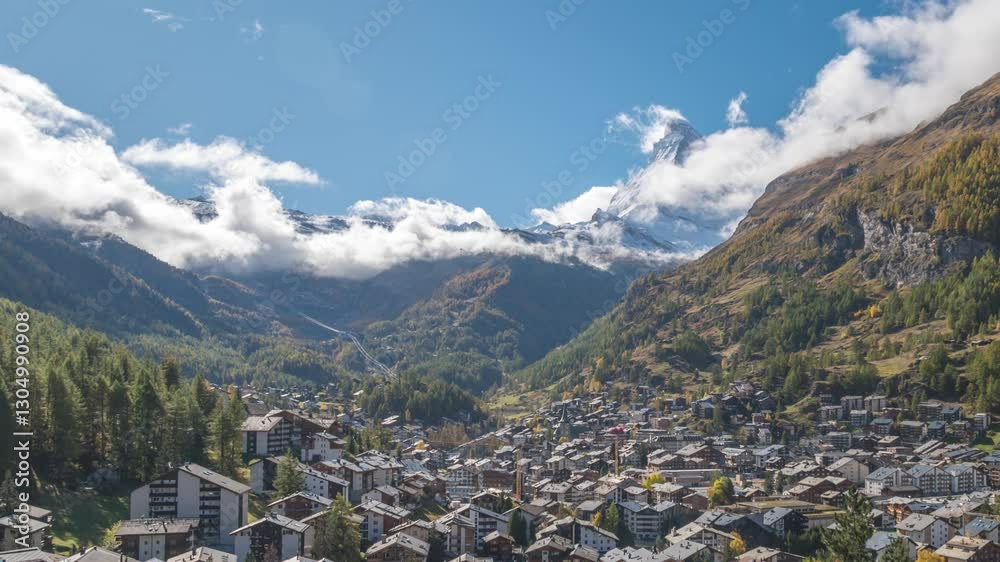 Zermatt Switzerland time lapse city skyline at Zermatt city Valley and Matterhorn mountain peak in autumn season