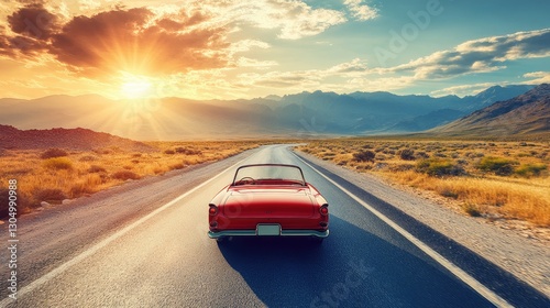 A classic red convertible cruising down a scenic highway under a vibrant sunset in a mountainous landscape