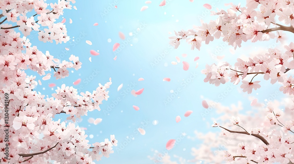 A serene spring scene featuring blossoming cherry trees with delicate pink flowers set against a vibrant blue sky A serene spring scene featuring blossoming cherry trees with delicate pink flowers set against a vibrant blue sky