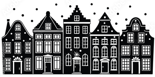 Silhouette of row Amsterdam style houses Facades of European old buildings for Christmas decoration