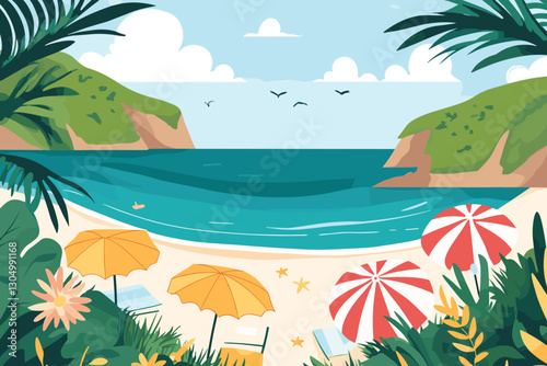 Flat design illustration of a beach scene with umbrellas, Flat style cartoon vector illustration, tourist beach with umbrellas, Summer vacations, Summer Holiday Concept With Top View Of Beach, 