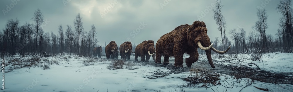 Fototapeta premium Mammoths in the Snowy Landscape with Large Tusked Creatures