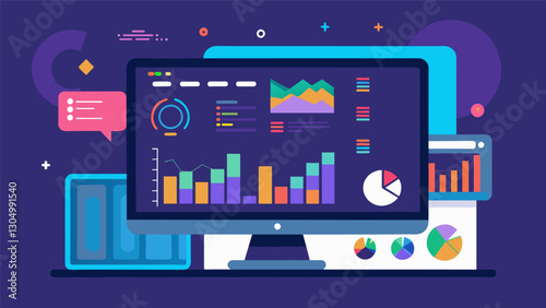 With its sleek and modern design the data analytics dashboard stands out as a masterpiece of technology offering a dynamic and intuitive way to monitor and analyze data.. Vector illustration