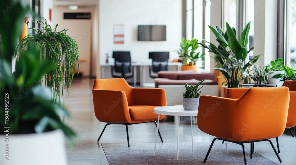 Fototapeta premium Minimalistic office lobby with modern furniture, soft lighting, calm atmosphere, white walls, professional studio light.