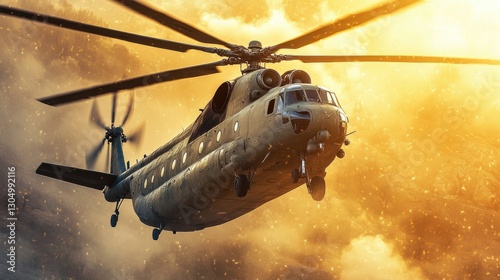 A powerful military helicopter in flight above a dramatic sunset landscape with swirling dust and smoke