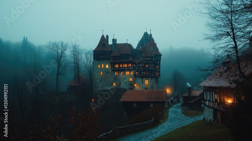 A hauntingly beautiful medieval castle shrouded in mist with illuminated windows surrounded by dark forest