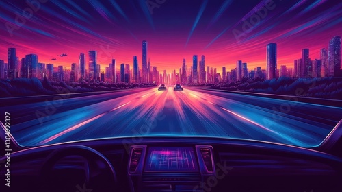 A vibrant futuristic cityscape viewed from a car, showcasing dynamic lighting and a sense of speed on a highway