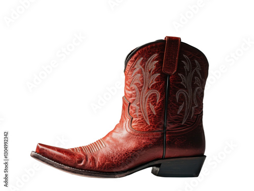 Single red cowboy boot on transparent background