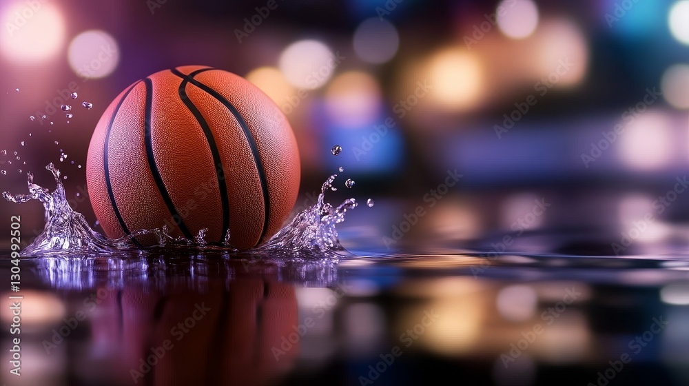 A basketball splashes into a reflective surface, surrounded by colorful bokeh light in the background A basketball splashes into a reflective surface, surrounded by colorful bokeh light in the background
