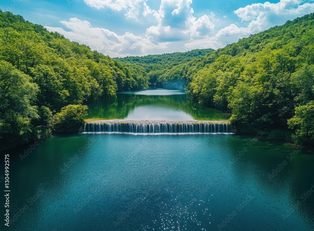 Serene Aerial View of Lush Green Forests Surrounding a Tranquil Lake with a Majestic Waterfall Under Blue Sky and Cotton Candy Clouds Serene Aerial View of Lush Green Forests Surrounding a Tranquil Lake with a Majestic Waterfall Under Blue Sky and Cotton Candy Clouds