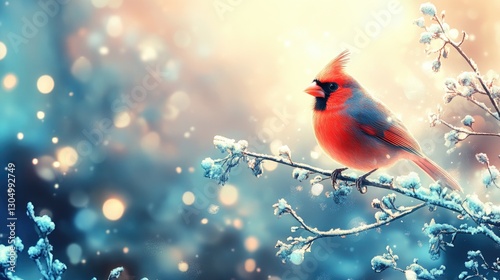 A vibrant cardinal perched on a snowy branch with a dreamy winter background filled with light bokeh effects