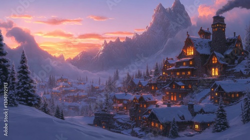 A winter wonderland village at sunset, with glowing lights and snow-covered mountains in the background