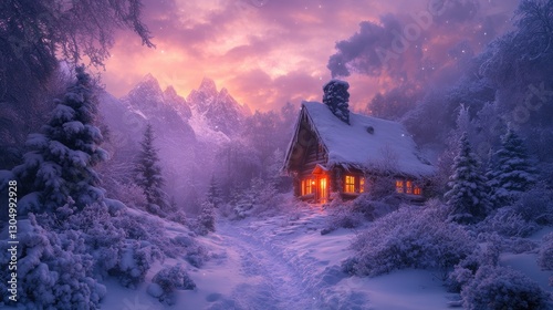 A cozy winter cabin nestled in a serene snow-covered landscape at twilight, illuminated by warm golden light