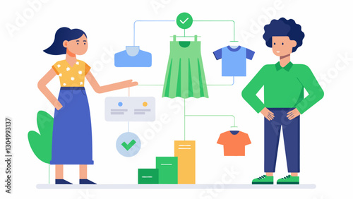 Utilizing consumer data on environmental impact preferences a sustainable fashion brand creates custommade clothing from ecofriendly materials for each individual customer.. Vector illustration