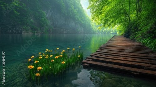 Serene lake surrounded by lush greenery with a wooden walkway and blooming yellow water lilies
