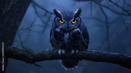 Majestic owl perched on a branch in a misty forest at dusk with piercing yellow eyes and intricate feather details